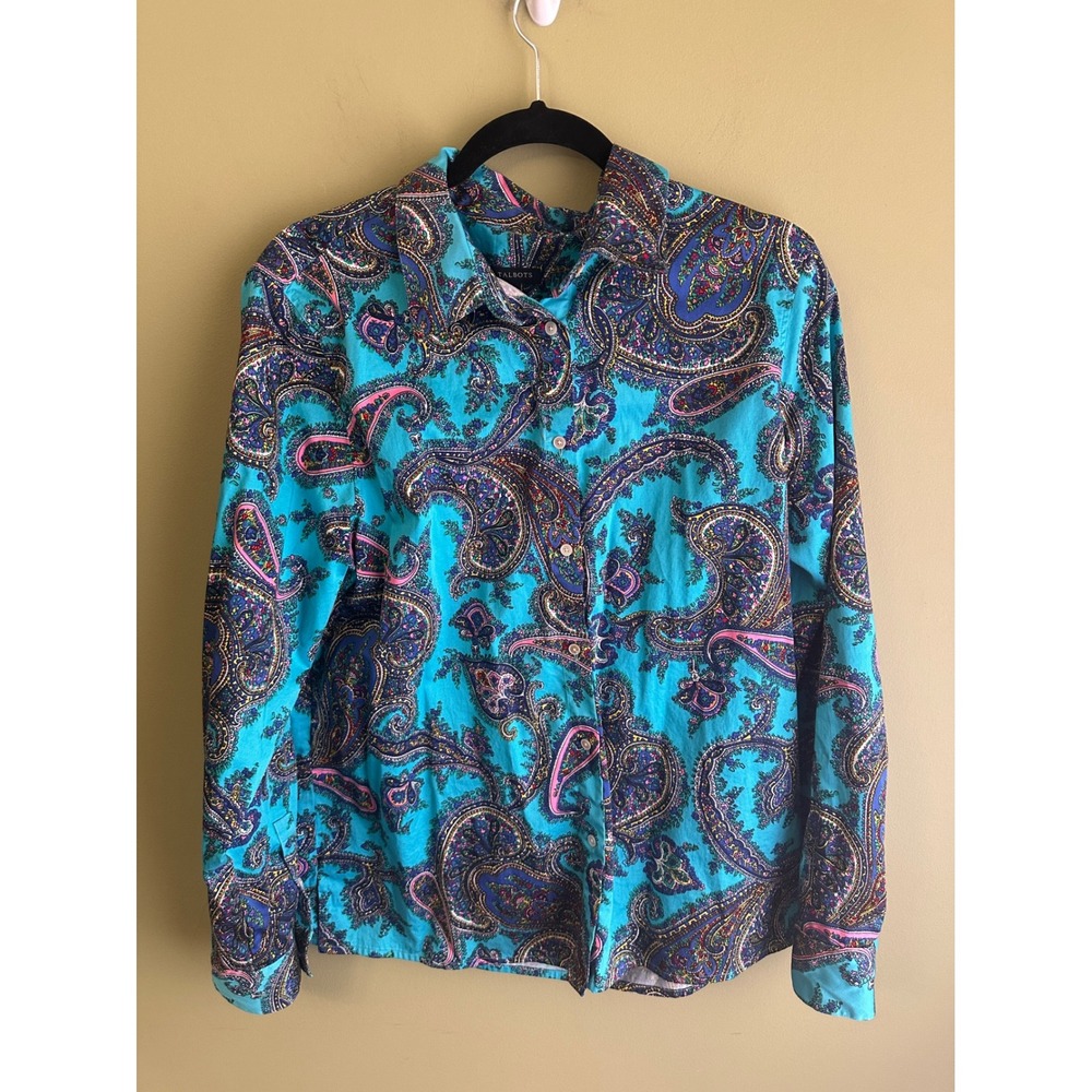 Talbots Womens Turquoise Paisley Print Long‎ Sleeve Button Up Shirt Size L